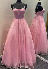 A Line Sweetheart Spaghetti Straps Long Floor Length Glitter Prom Dress With Pockets