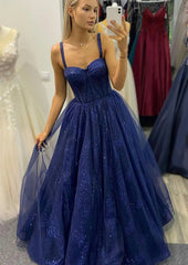 A Line Sweetheart Spaghetti Straps Long Floor Length Tulle Glitter Prom Dress