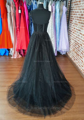 A Line Sweetheart Spaghetti Straps Sweep Train Tulle Glitter Prom Dress With Appliqued