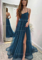 A Line Sweetheart Spaghetti Straps Sweep Train Tulle Prom Dress With Appliqued Split