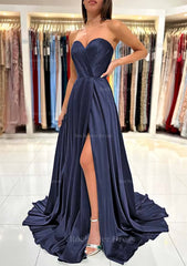 A Line Sweetheart Strapless Sweep Train Charmeuse Prom Dress With Pleated Split