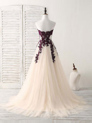 A-Line Sweetheart Tulle Lace Applique Burgundy Long Prom Dress, Bridesmaid Dress