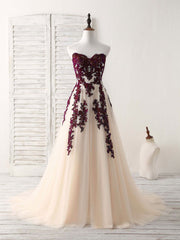 A-Line Sweetheart Tulle Lace Applique Burgundy Long Prom Dress, Bridesmaid Dress