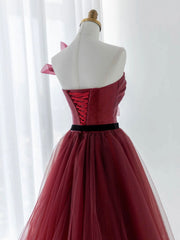 A-Line Tulle Burgundy Long Prom Dress, Burgundy Formal Evening Dress