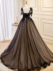 A-Line Tulle Lace Black Long Prom Dress, Black Formal Evening Dresses