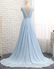 A Line V Neck and V Back Sky Blue Chiffon Long Prom Dresses, V Neck Blue Formal Dresses, Blue Evening Dresses