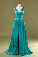 A Line V Neck and V Back Turquoise Long Prom Dress with Slit, Turquoise Formal Graduation Evening Dress