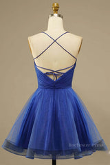 A Line V Neck Backless Blue Tulle Prom Dress, Backless Blue Homecoming Dress, Short Blue Formal Evening Dress