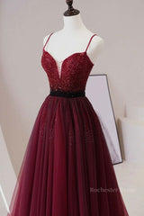 A Line V Neck Beaded Burgundy Tulle Long Prom Dress, Beaded Burgundy Formal Graduation Evening Dress