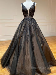 A Line V Neck Black Lace Prom Dresses, Black Lace Formal Evening Dresses