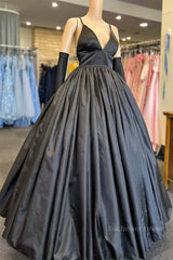 A Line V Neck Black Satin Long Prom Dress with Pocket, V Neck Black Formal Graduation Evening Dress