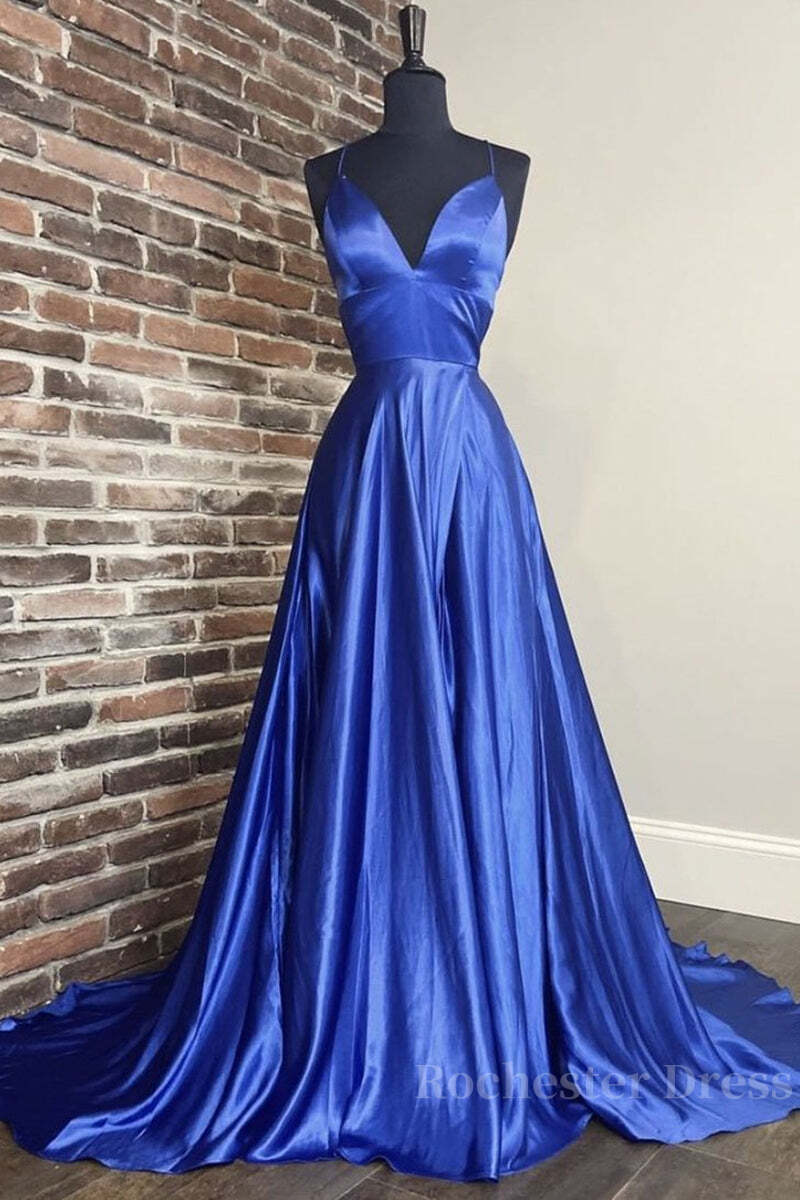 A Line V Neck Blue Long Prom Dress, V Neck Blue Formal Graduation Evening Dress