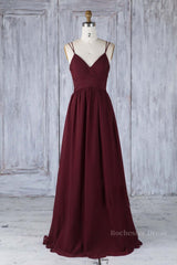 A Line V Neck Burgundy Chiffon Long Prom Dress with Lace Back, V Neck Lace Back Burgundy Formal Graduation Evening Dress