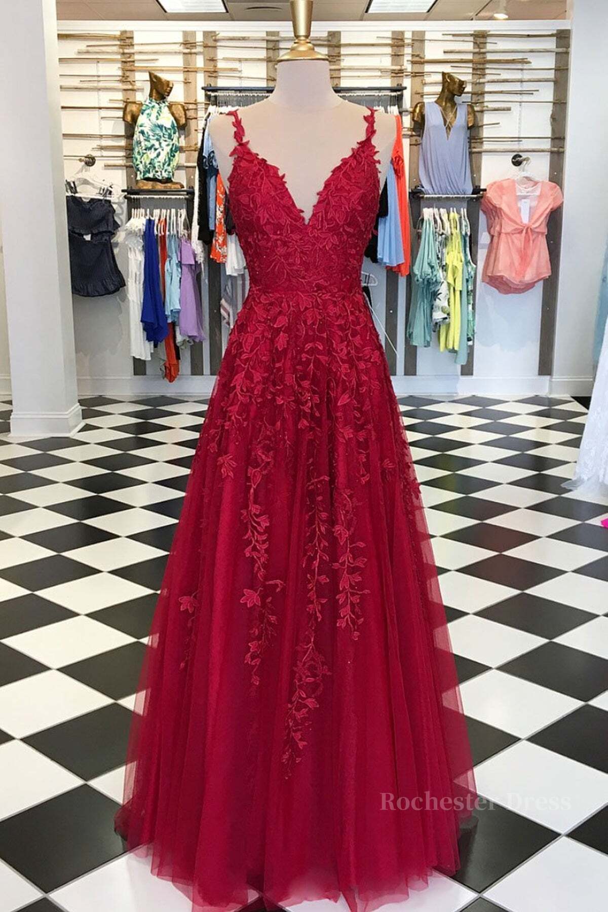 A Line V Neck Burgundy Lace Prom Dresses, Wine Burgundy Lace Formal Evening Dresses