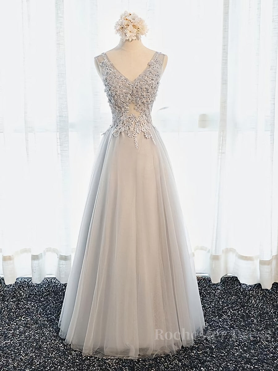 A Line V Neck Gray Floral Long Prom Dresses, V Neck Gray Long Floral Formal Bridesmaid Dresses