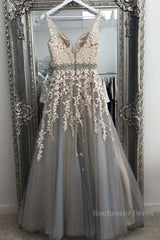 A Line V Neck Gray Lace Long Prom Dress with Belt, Gray Lace Floral Formal Dress, Gray Lace Evening Dress