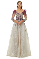 A-Line V-Neck Lace Floor-Length Long Sleeve Open Back Beading Prom Dresses