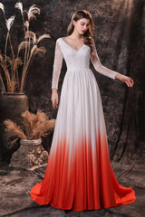 A Line V-Neck Long Sleeve Ombre Silk Like Satin Sweep Train Prom Dresses