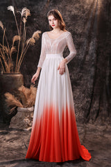 A Line V-Neck Long Sleeve Ombre Silk Like Satin Sweep Train Prom Dresses