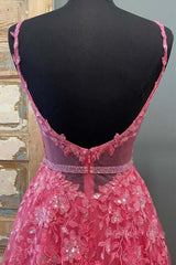 A Line V Neck Open Back Beaded Hot Pink Lace Long Prom Dresses, Hot Pink Lace Formal Graduation Evening Dresses