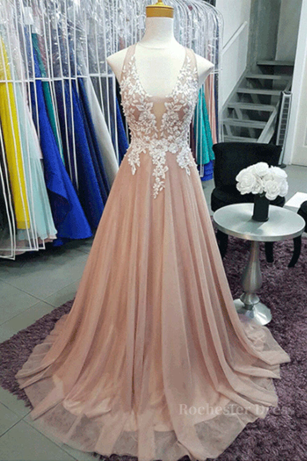 A Line V Neck Pink Lace Long Prom Dresses, V Neck Pink Formal Dresses, Pink Lace Evening Dresses