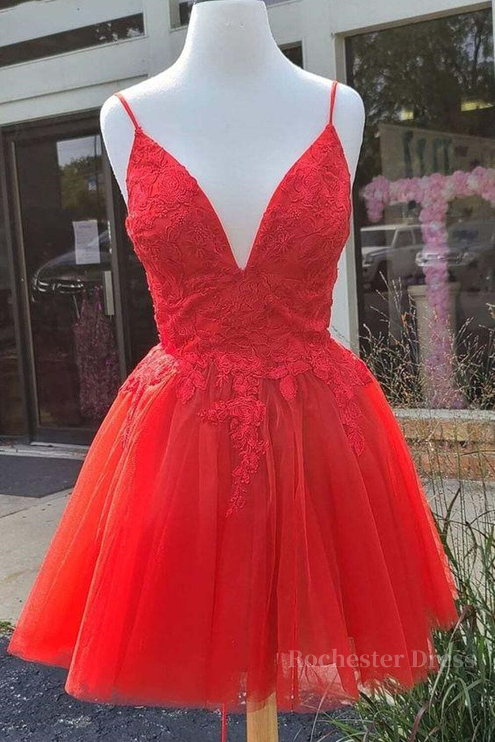 A Line V Neck Red Lace Short Prom Dress, Red Lace Homecoming Dress