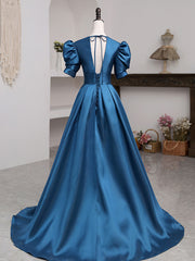 A-Line V Neck Satin Long Prom Dresses, Blue Satin Long Evening Dress