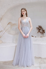 A Line V-neck Shiny Sequin Beaded Prom Dresses