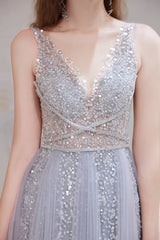 A Line V-neck Shiny Sequin Beaded Prom Dresses