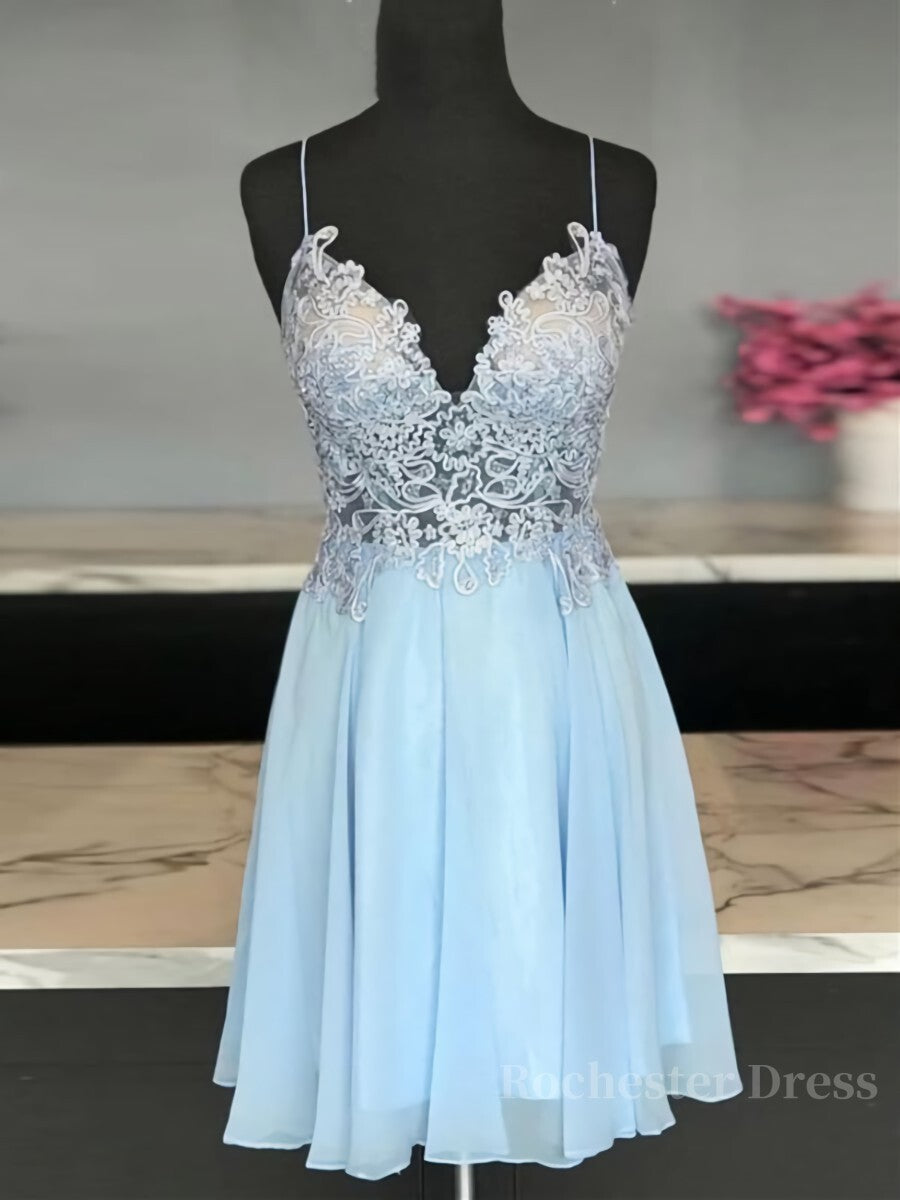 A Line V Neck Short Blue Lace Prom Dresses, Short Blue Lace Formal Homecoming Dresses