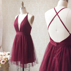 A Line V Neck Short Burgundy Backless Prom Dresses, Short Burgundy Backless Formal Homecoming Dresses