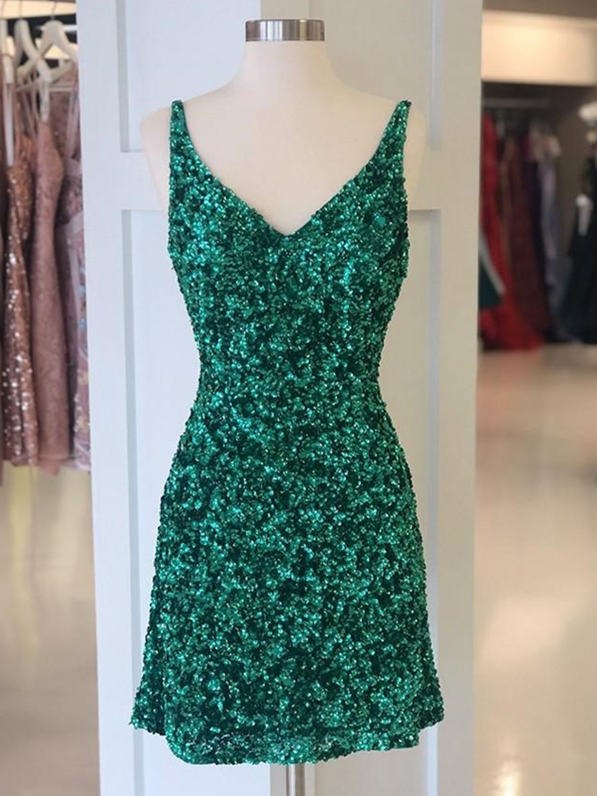 A Line V Neck Short Green Prom Dresses, Short Green Homecoming Graduation Dresses