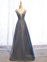 A Line V Neck Silver Gray Long Prom Dresses, Gray Long Formal Evening Dresses