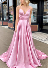 A Line V Neck Sleeveless Charmeuse Sweep Train Prom Dress With Pockets