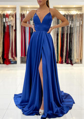 A Line V Neck Sleeveless Charmeuse Sweep Train Prom Dresses With Split