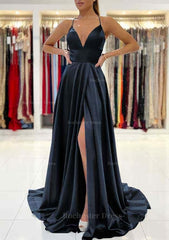 A Line V Neck Sleeveless Charmeuse Sweep Train Prom Dresses With Split