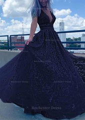 A Line V Neck Sleeveless Long Floor Length Lace Tulle Prom Dress With Beading Sequins