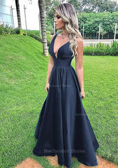 A Line V Neck Sleeveless Long Floor Length Satin Prom Dress With Pleated