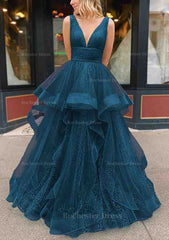 A Line V Neck Sleeveless Long Floor Length Tulle Glitter Prom Dress With Pleated