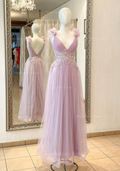 A Line V Neck Sleeveless Long Floor Length Tulle Prom Dress With Appliqued Beading Flowers