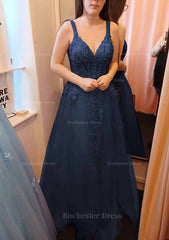 A Line V Neck Sleeveless Long Floor Length Tulle Prom Dress With Appliqued Lace