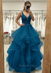 A Line V Neck Sleeveless Long Floor Length Tulle Satin Prom Dress With Lace Appliqued