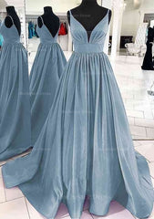 A Line V Neck Sleeveless Satin Sweep Train Prom Dress With Pleated