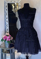 A Line V Neck Sleeveless Short Mini Tulle Homecoming Dress With Appliqued Beading