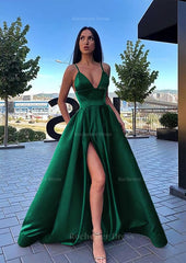 A Line V Neck Sleeveless Sweep Train Satin Prom Dress