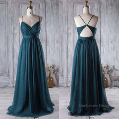 A Line V Neck Spaghetti Strap Peacock Blue Chiffon Long Prom Dress, V Neck Peacock Blue Formal Dress Graudation Evening Dress, Peacock Blue Bridesmaid Dress