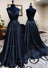 A Line V Neck Spaghetti Straps Long Floor Length Charmeuse Prom Dress With Pleated