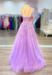 A Line V Neck Spaghetti Straps Long Floor Length Lace Prom Dress With Beading