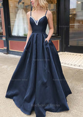 A Line V Neck Spaghetti Straps Long Floor Length Satin Prom Dress With Beading Pockets