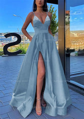 A Line V Neck Spaghetti Straps Long Floor Length Satin Prom Dress With Split Pockets Beading